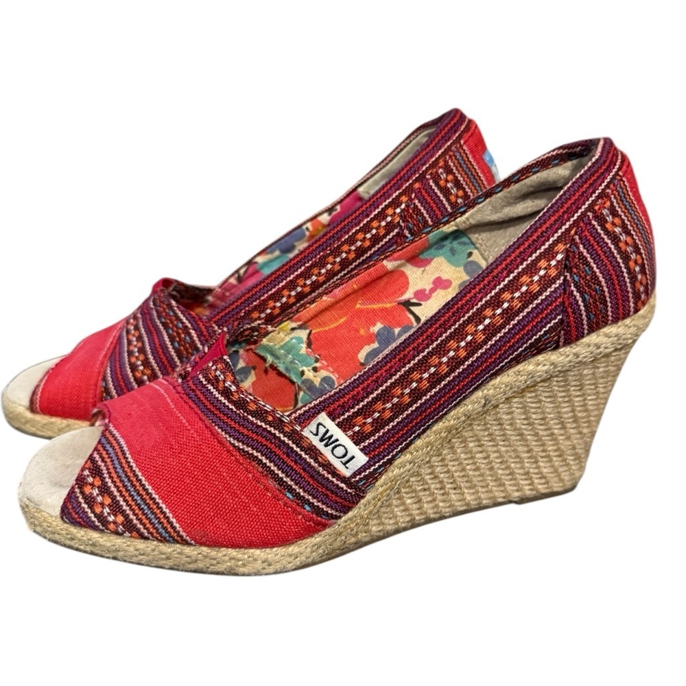 Toms Canvas & Jute Platform Espadrille Striped Peep Toe Wedges Red Tan size 5.5